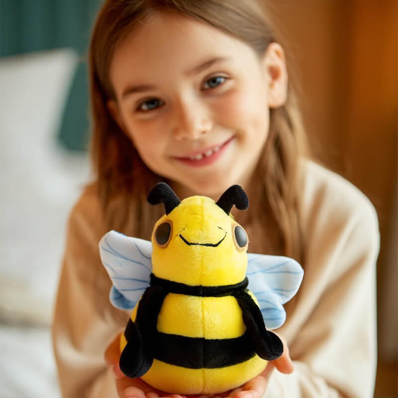 800x800 0001 Fluffy Bee reversible plush toy showing both sides with a bee design and an alternate character for kids.