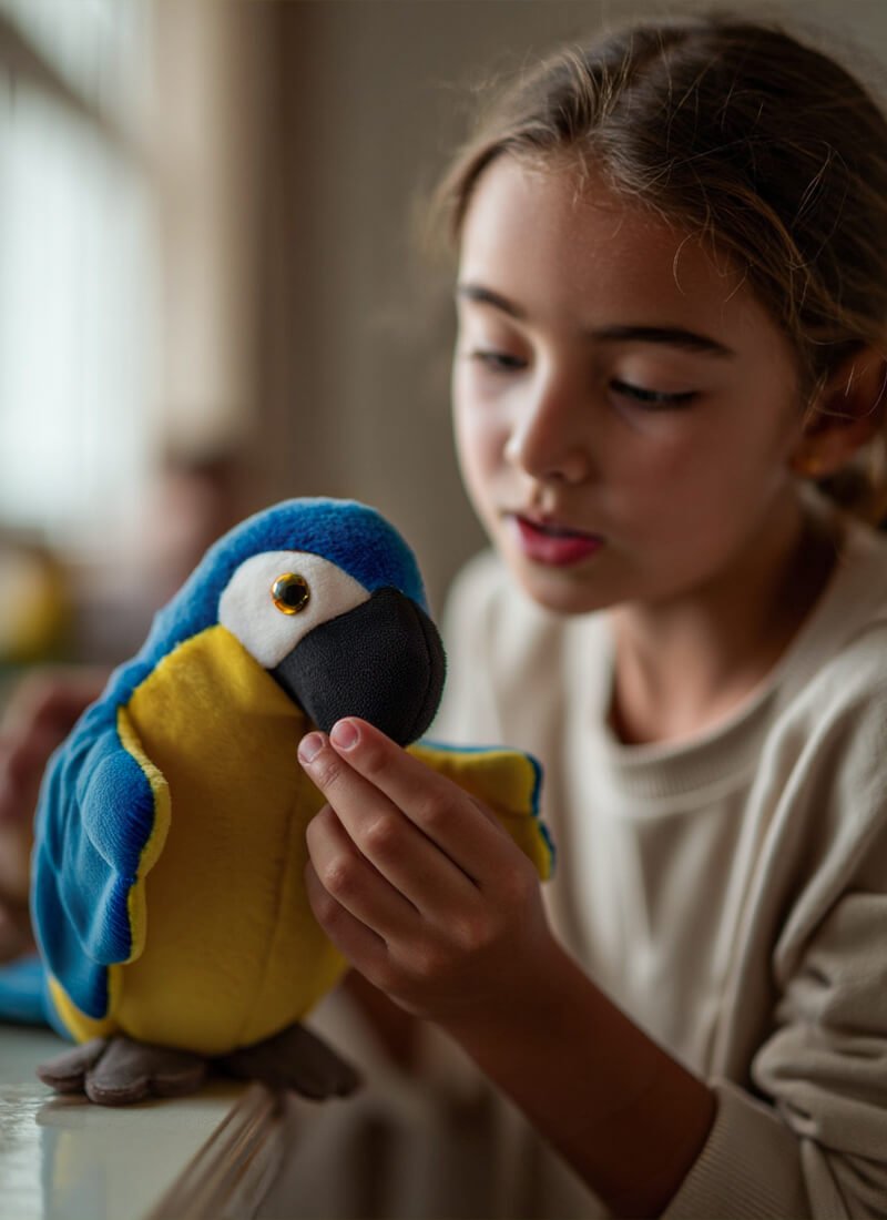 Giirl Blue Macaw Fluffy Buddies 800x1100